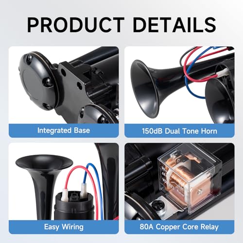 banhao 12V 150DB Air Horn for Truck for Train, Car Horns Loud with Compressor for Truck Boat Train Speaker Cars Van Ship (Black) - Image 4