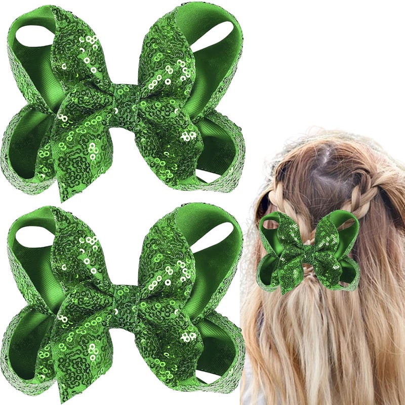 SARATA 2PCS St Patricks Day Hair Bows Clips Ribbon Hairpin Irish Party Bowknot Handmade Hair Clips 5 Inches Glitter Sequins Cheer Alligator Clips Bows Hairpins for Girls Kids Women