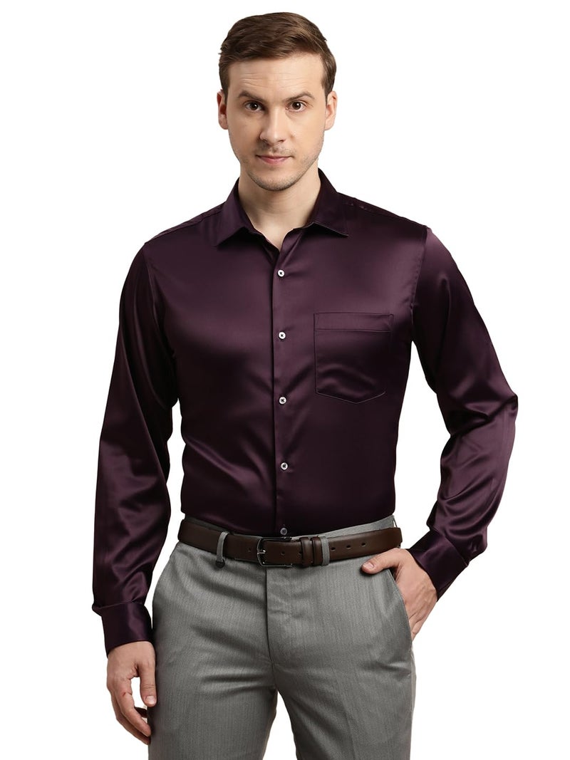 Turtle Men Poly Satin Purple Solid Slim Fit Full Sleeve Ceremonial Shirt - Image 1