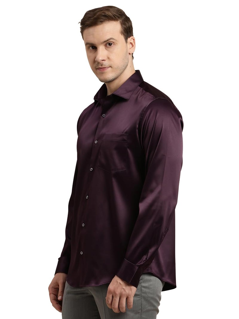 Turtle Men Poly Satin Purple Solid Slim Fit Full Sleeve Ceremonial Shirt - Image 3