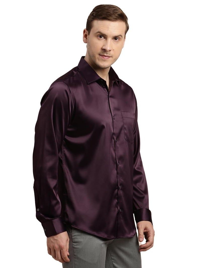 Turtle Men Poly Satin Purple Solid Slim Fit Full Sleeve Ceremonial Shirt - Image 4