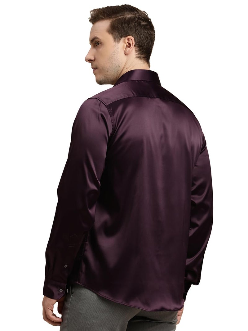 Turtle Men Poly Satin Purple Solid Slim Fit Full Sleeve Ceremonial Shirt - Image 2