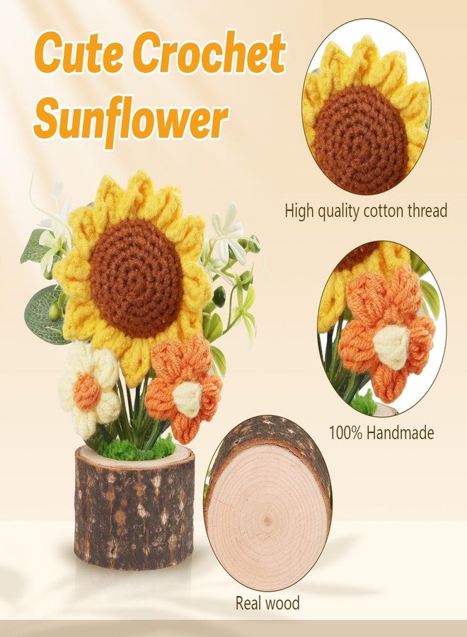 STEFORD Handmade Knitted Sunflowers, Cute Crochet Flowers Bouquet with Wooden Pot Creative Mini Knitted Potted Plant for Home Office Desk Decor Crocheted Flower Plants Gifts for Friends Lovers - Image 3