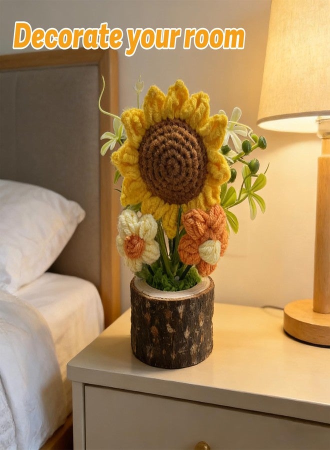STEFORD Handmade Knitted Sunflowers, Cute Crochet Flowers Bouquet with Wooden Pot Creative Mini Knitted Potted Plant for Home Office Desk Decor Crocheted Flower Plants Gifts for Friends Lovers - Image 5