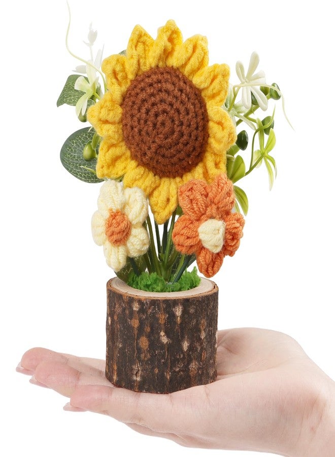 STEFORD Handmade Knitted Sunflowers, Cute Crochet Flowers Bouquet with Wooden Pot Creative Mini Knitted Potted Plant for Home Office Desk Decor Crocheted Flower Plants Gifts for Friends Lovers - Image 1