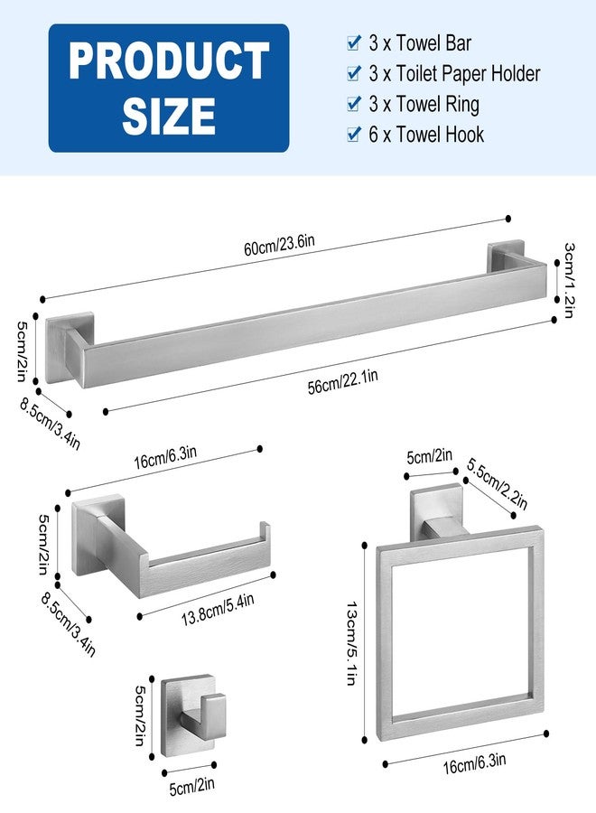 Cilee 15-Pieces Bathroom Hardware Set - Brushed Nickel Bathroom Accessories, 24 Inch Towel Bar, Square Towel Ring, Toilet Paper Holder, Towel Hook, Wall-Mounted Stainless Steel Towel Bar Rack Set - Image 2