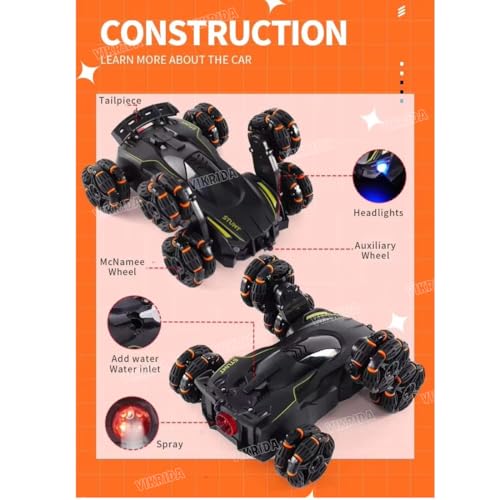 VikriDA 6 Wheel Stunt RC Car for Kids | 2.4GHz Remote Control Toy Car with Lights, Spray Function, 360° Spin, High-Speed Off-Road Stunt Car – Matte Black - Image 3