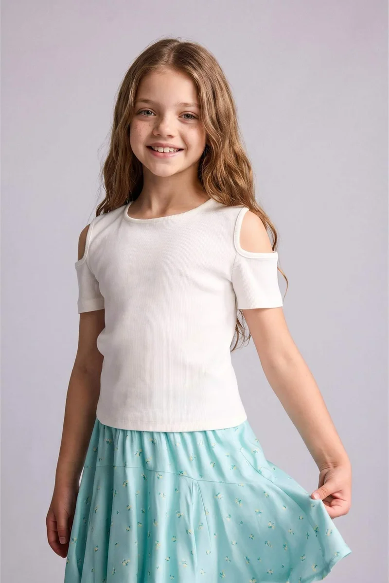 ديفاكتو Girl Crew Neck Short Sleeve Ribbed T-Shirt