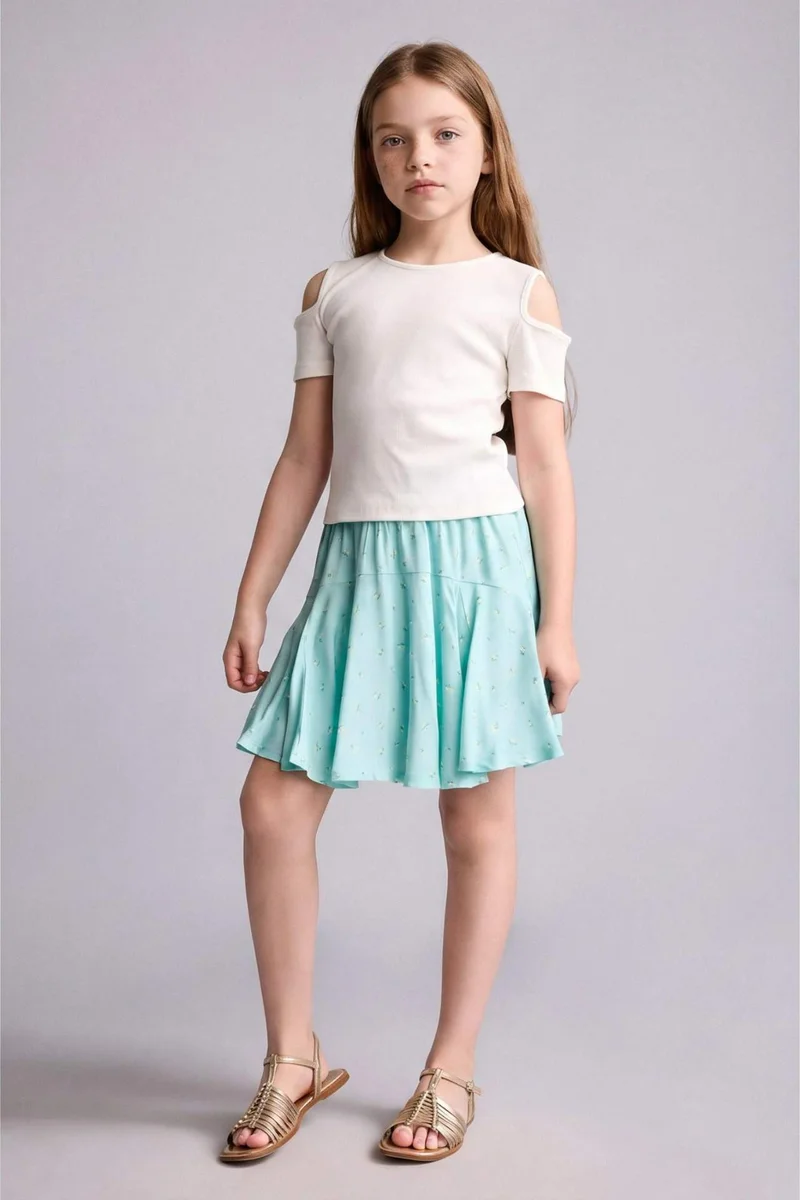 ديفاكتو Girl Crew Neck Short Sleeve Ribbed T-Shirt