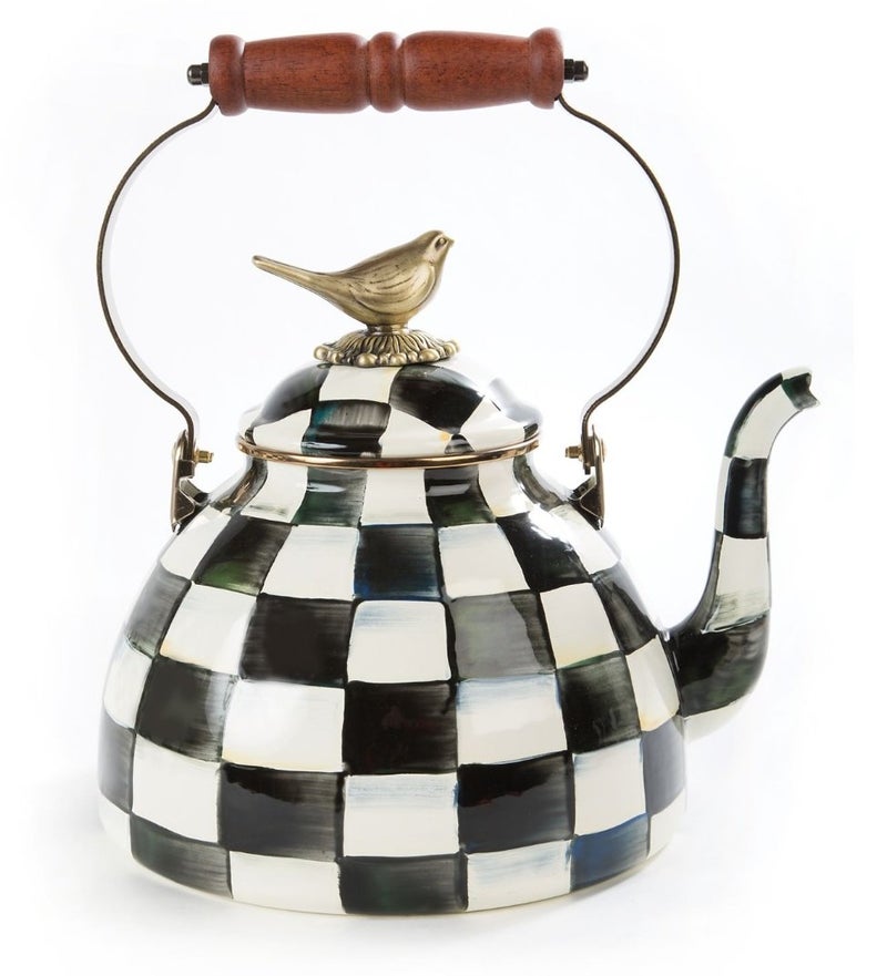 mackenzie childs MACKENZIE-CHILDS Enamel Tea Kettle, Cute Kitchen Kettle for Stovetop, 3-Quart Capacity, Black-and-White Courtly Check with Bird Topper 