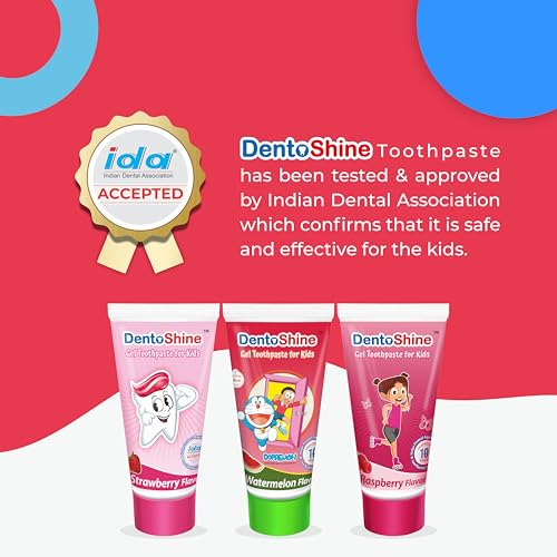 DentoShine Gel Toothpaste for Kids | Pack of 3 Flavors (Strawberry, Watermelon & Raspberry, 80g each) | IDA Accepted | Ages 2+ - Image 2
