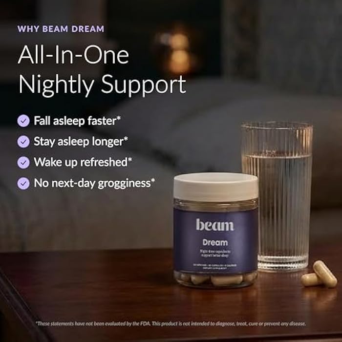 Beam Dream Sleep Capsules, L-Theanine, Apigenin, Reishi and Magnesium, Third Party Tested Natural Sleep Aid & Sleep Supplement for Deep Sleep, Relaxation and Recovery, Sleep Support, 30 Servings - Image 2