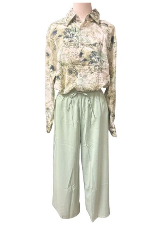 Women's 2pc Set Cotton Linen Clothes Wide Leg Pants and Long Sleeve Tops Fit Medium-Large - Image 1