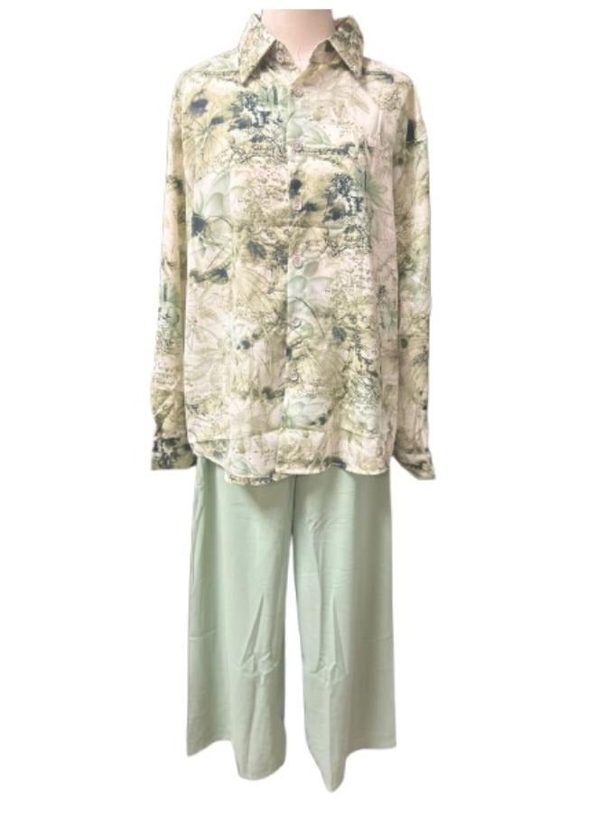 Women's 2pc Set Cotton Linen Clothes Wide Leg Pants and Long Sleeve Tops Fit Medium-Large - Image 4