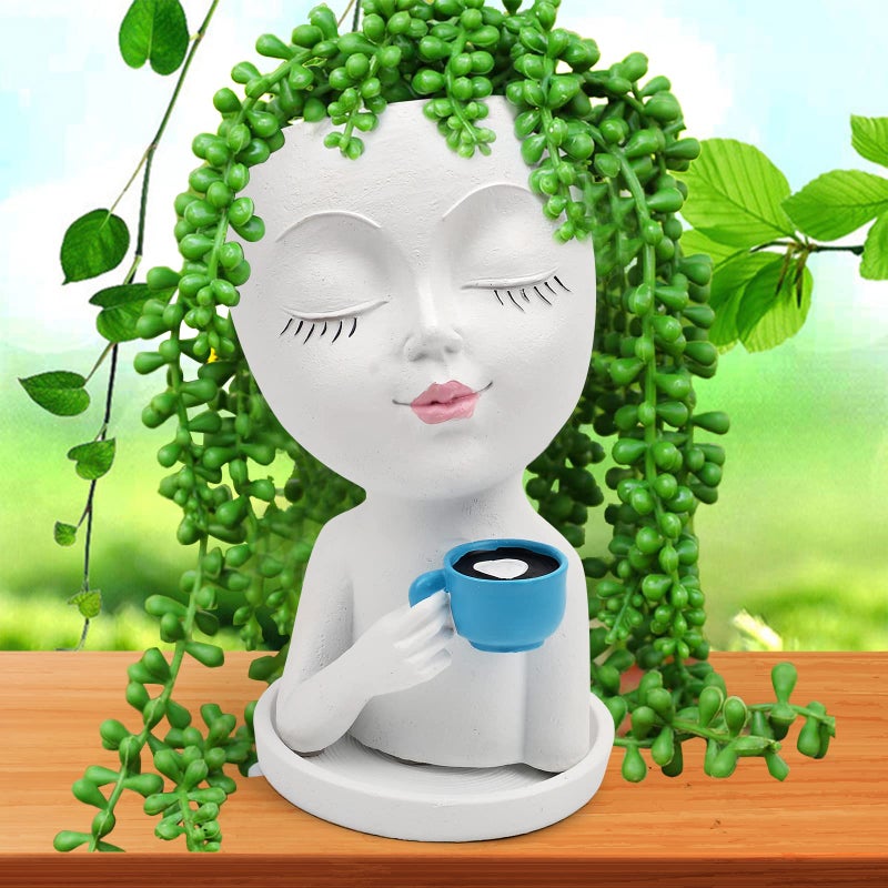 Toparad Face Flower Pot Head Planter for Indoor Outdoor, Unique Succulent Planter with Drainage Hole, Cute Lady Face Plant Pots Coffee Table Decor Gift IdeaI for Mother and Appreciation Christma - Image 3