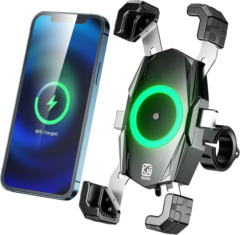 Kewig Motorcycle Phone Mount with Qi 15W Wireless Charger & USB C 20W Fast Charging Port, One-Push Automatically Lock & Quick Release Handlebar Phone Holder for 4.0-6.9" Phone - Image 1
