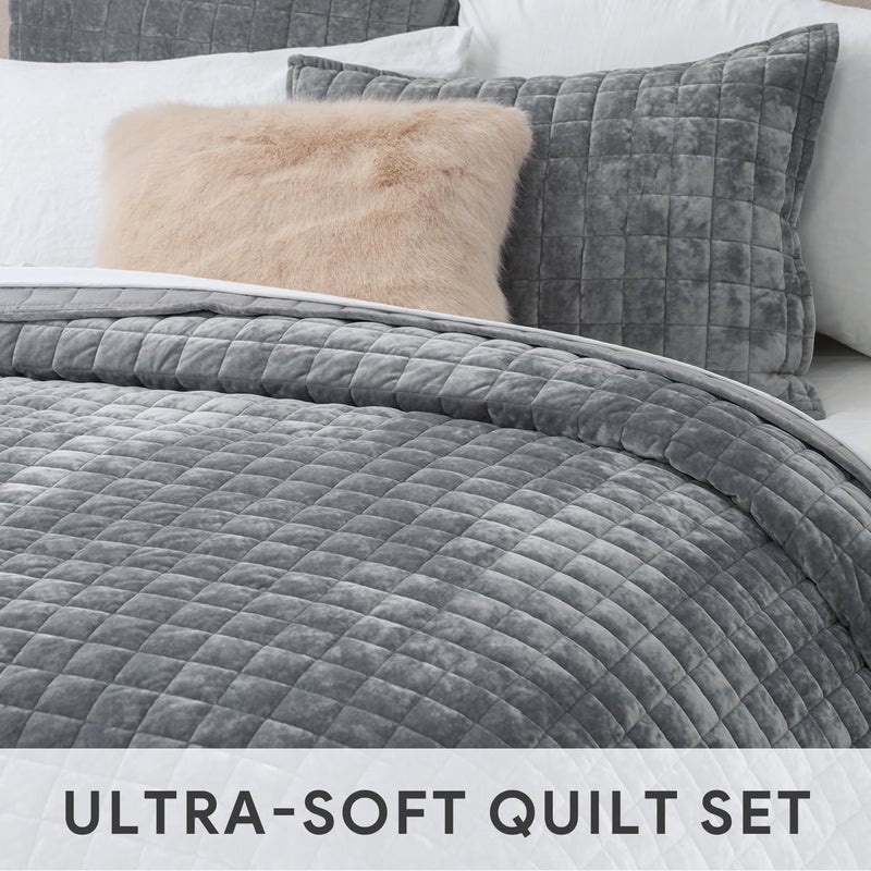 RECYCO Luxury Velvet Quilt Set Full Queen Size, Lightweight Velvet Comforter Set, Oversized Bedspread Coverlet Quilted Bedding Set, with 2 Matching Pillow Shams, for All Season, Gray - Image 5
