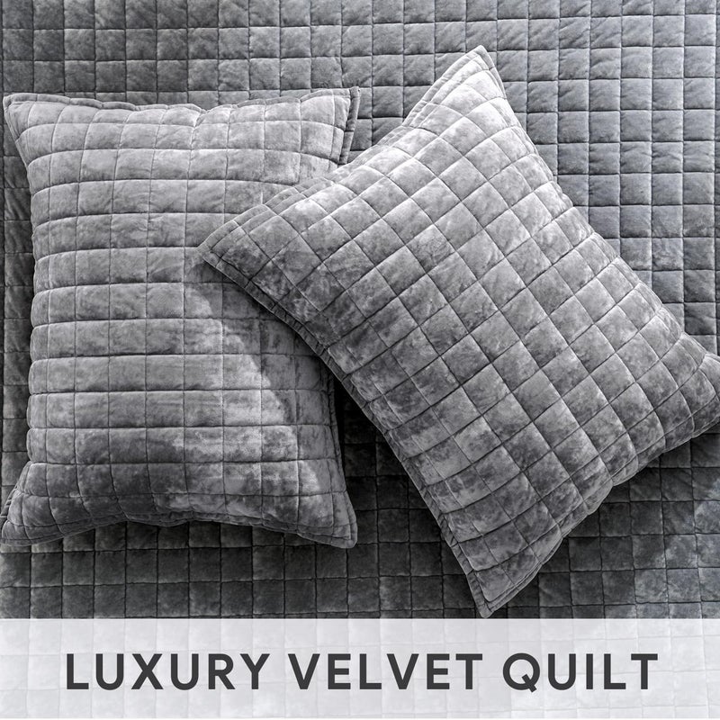 RECYCO Luxury Velvet Quilt Set Full Queen Size, Lightweight Velvet Comforter Set, Oversized Bedspread Coverlet Quilted Bedding Set, with 2 Matching Pillow Shams, for All Season, Gray - Image 4