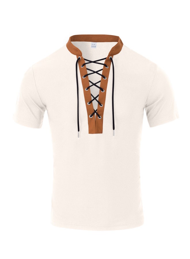 European And American Men's Summer Rope Neck Waffle Knit Color Block American Casual Big Size Short Sleeve T-shirt