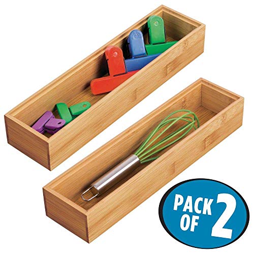 mDesign Slim Wooden Bamboo Drawer Organizer 12 Long Stackable Storage Box Tray for Kitchen DrawersCabinet Utensil Silverware Spatula Flatware Holder Echo Collection 2 Pack Natural Wood - Image 3