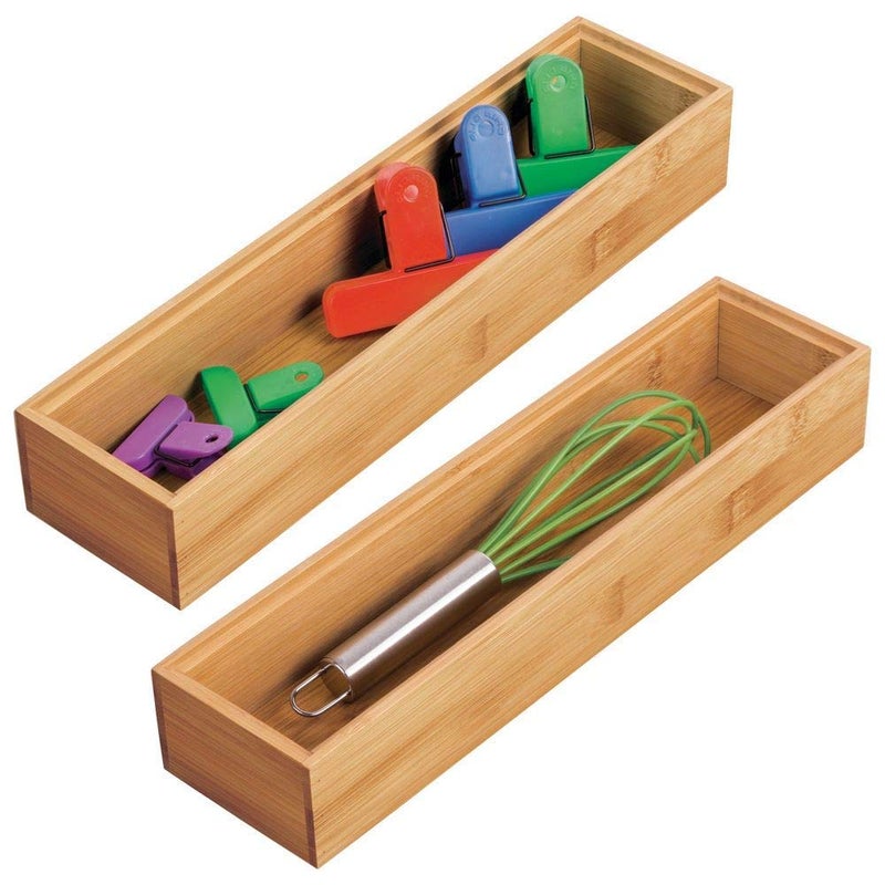 mDesign Slim Wooden Bamboo Drawer Organizer 12 Long Stackable Storage Box Tray for Kitchen DrawersCabinet Utensil Silverware Spatula Flatware Holder Echo Collection 2 Pack Natural Wood - Image 2