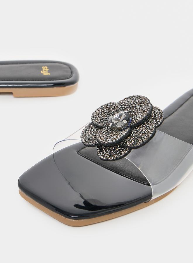 Styli Flower Rhinestone Decor Flat Sandals - Image 3