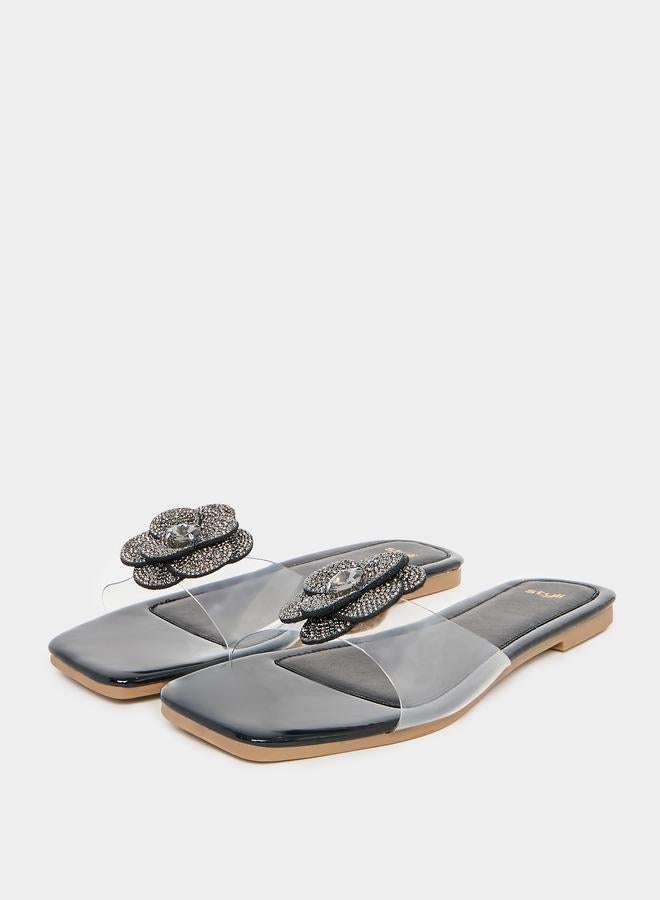 Styli Flower Rhinestone Decor Flat Sandals - Image 2