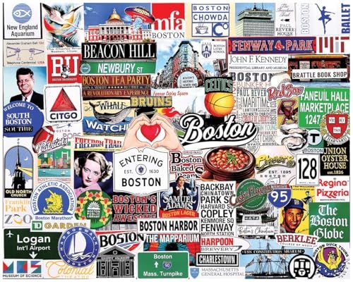 White Mountain 1000 Piece Jigsaw Puzzle Boston State Collage Puzzles with Large Pieces Gift for Adults and Family 24x30 I Love Boston - Image 1