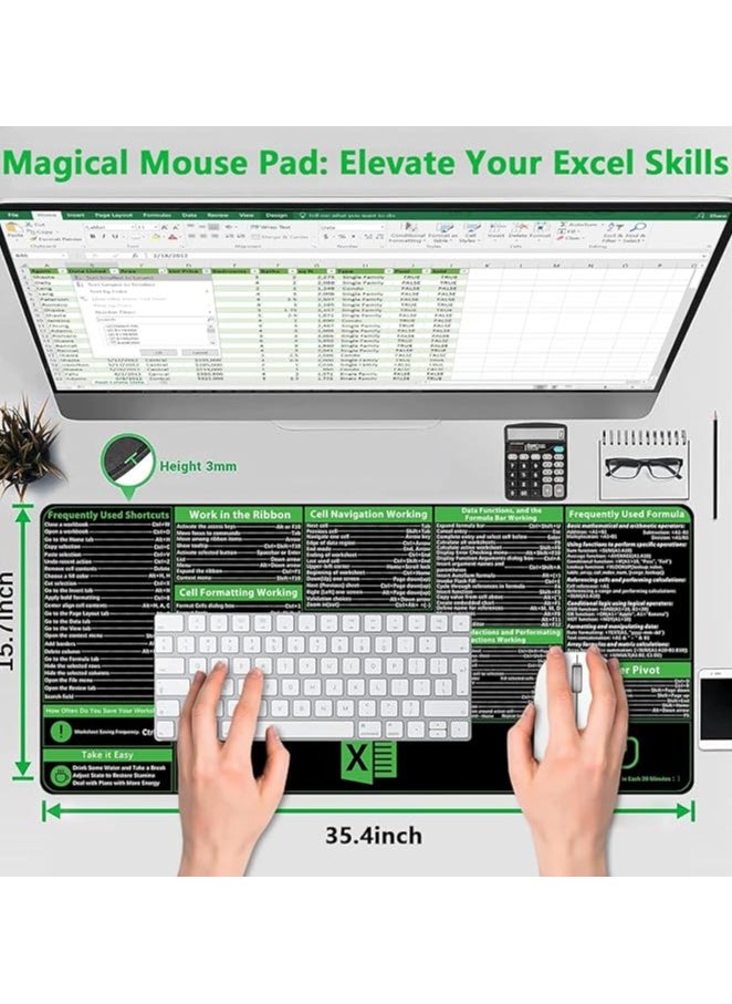 Excel Shortcuts Mousepad, Upgraded Pro Version, Extended Office Desk Mat, Stitched Edges, Non-Slip Base Keyboard Mats, XXL Giant Mouse Pads for Desk, 35.4”x15.7”, Employee Appreciation Gifts