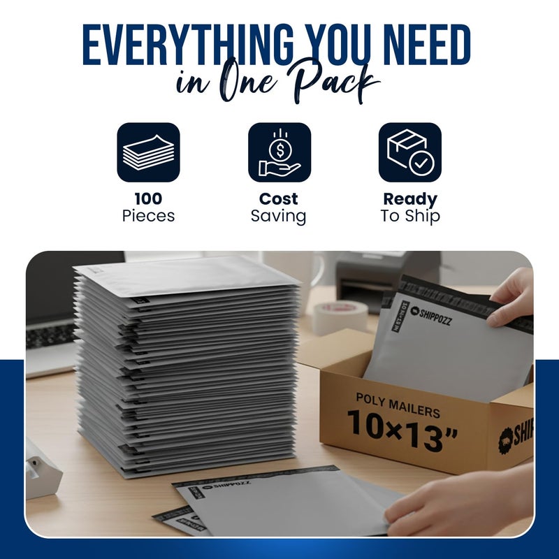 Shippozz 10x13 Poly Mailers 100 Pack, Durable Waterproof Polymailers for Shipping Clothes, Self Seal Mailing Bags for Small Business Packaging Supplies, Mailing Envelopes for Books, and Accessories - Image 4