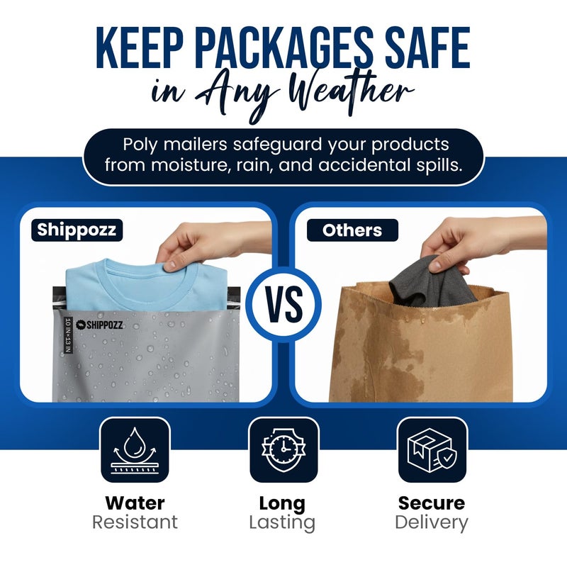 Shippozz 10x13 Poly Mailers 100 Pack, Durable Waterproof Polymailers for Shipping Clothes, Self Seal Mailing Bags for Small Business Packaging Supplies, Mailing Envelopes for Books, and Accessories - Image 2