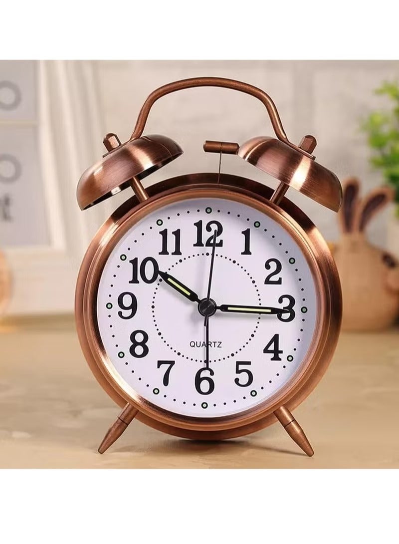 ساعة منبه عالية الصوت مع جرس مزدوج، مقاس 10 سم، ساعة منبه كلاسيكية بجرس مزدوج بتصميم مبتكر وملمس معدني إبداعي، تناظري، نحاس، معدن راتنج برونزي - Image 5