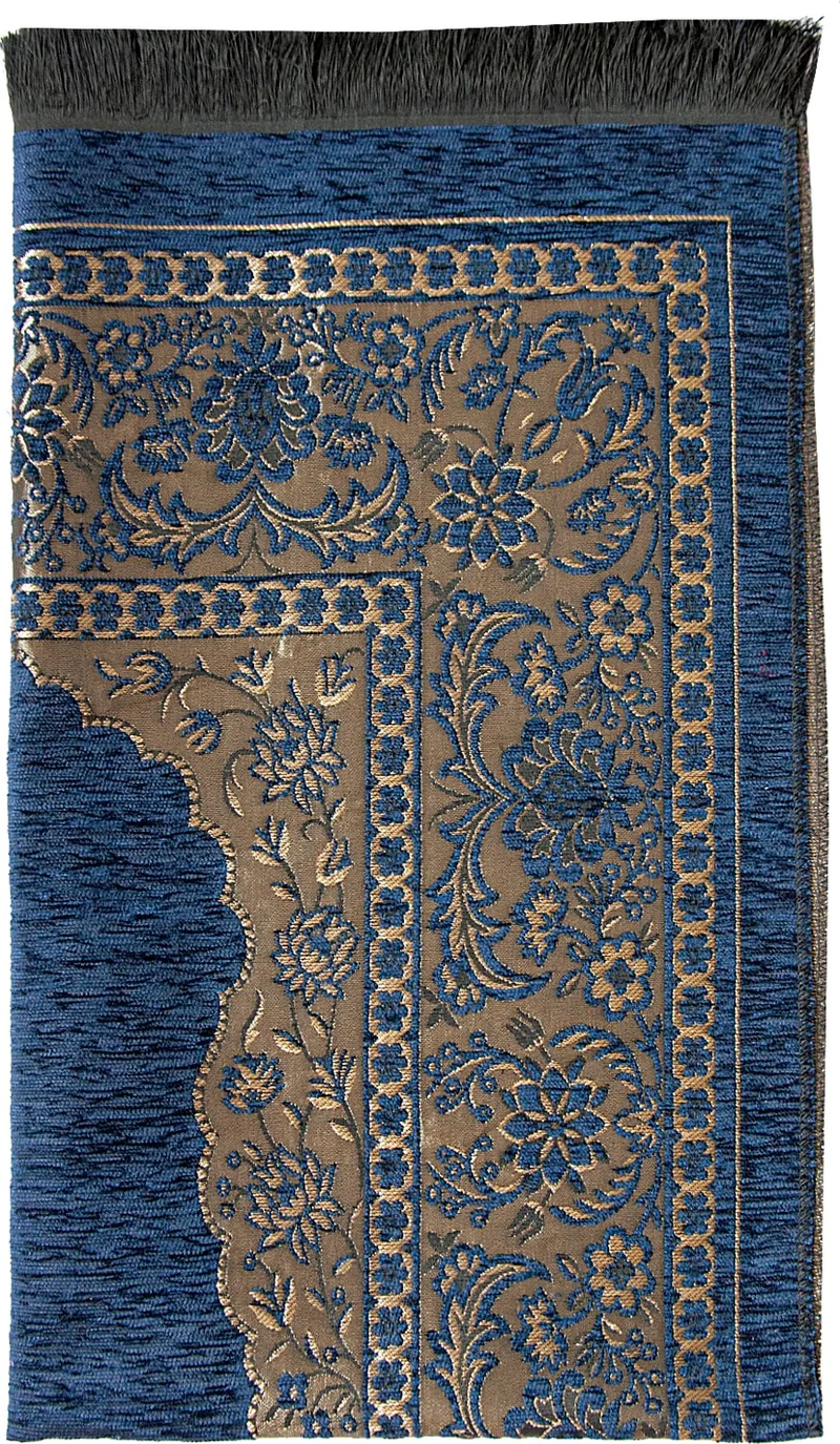 İhvan Online Luxury Thick Chenille Prayer Rug with Mihrab Navy Blue