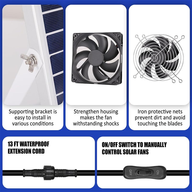 pqins 5 Inch Solar Powered Fan, Solar Exhaust Intake Fan Kit, IPX7 Waterproof Dual Fans with 13Ft On/Off Switch Cable, Cooling Ventilation for Greenhouse, Chicken Coop, Shed, Dog House, Outside - Image 4