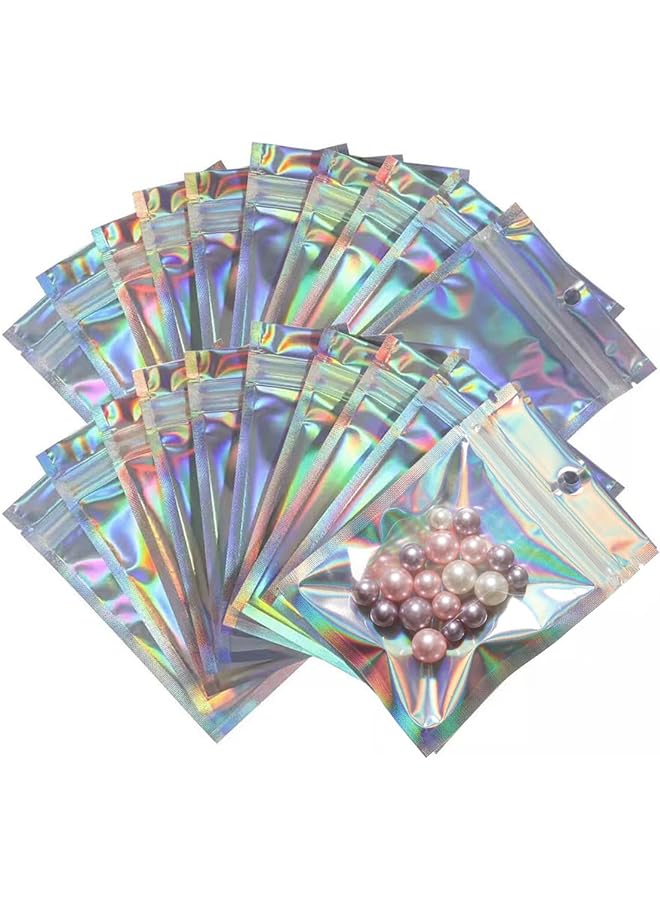 ECVV 100Pcs Resealable Storage Bags Holographic Packaging Bags For Jewelry Snack Food Storage Smell Proof Bags Clear Ziplock Bag With Front Window - Image 1