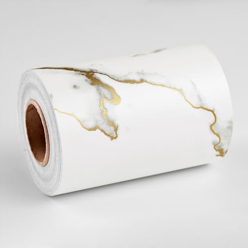 Wallercity White/Gold Marble Border Contact Paper for Glass Window Door Wall Decor Peel and Stick Wallpaper Borders for Kitchen Bathroom Mirror Frame Trim 3.94''x197'' Vinyl Marble Border Stickers - Image 1