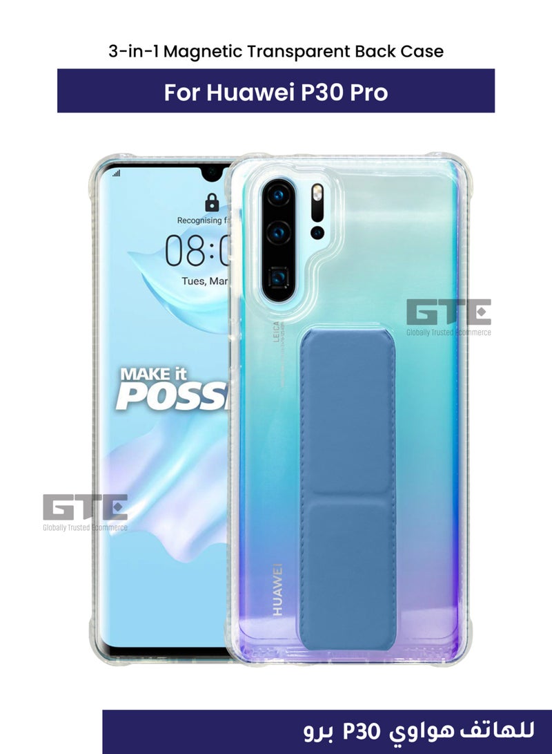 3-in-1 Magnetic Transparent Wrist Strap Hand Grip Stand Back Case Cover  for Huawei P30 Pro-Clear/Sky Blue