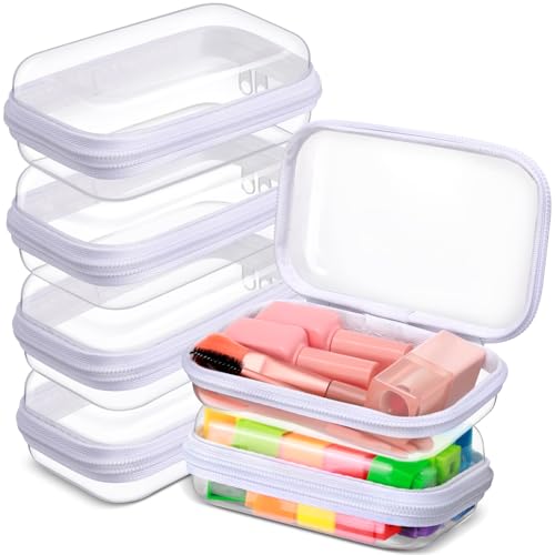 Sanwuta 6 Pcs Clear Hard Zipper Case Hard Plastic Zipper Pouches Makeup Bag Pencil Pouches Transparent Cases for Snacks Plastic Storage Organizer Box for Travel(White,5 x 3 x 2 Inch) - Image 1