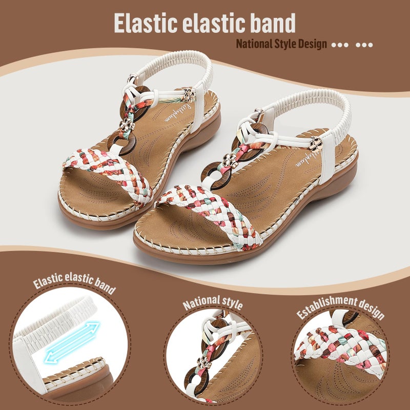 Littleplum Women Sandals Arch Support Handmade Bohemian Braided Flat Sandals Comfort Walking Beach Ankle Elastic Summer Shoes Multi Cream White Size 8 - Image 4