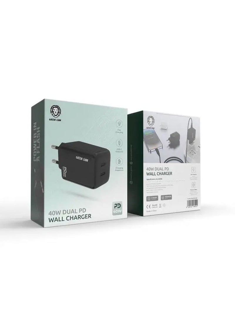 GREEN LION 40W Dual PD Wall Charger / EU Plug / Fast Charging / Charging Protection / 2 USB Output / Power Up Safely - Black - Image 2