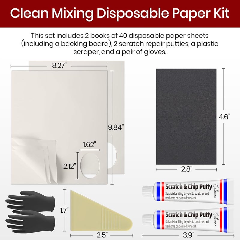 Calvana Clean Mixing Disposable Paper Kit for Body Fillers, Fiberglass, Resins, Putties, Touch-Up Paint, Includes 2 Scratch Repair Putties, Plastic Scraper, Gloves, 8.27 x 9.84 in, 80 Sheets Total - Image 2