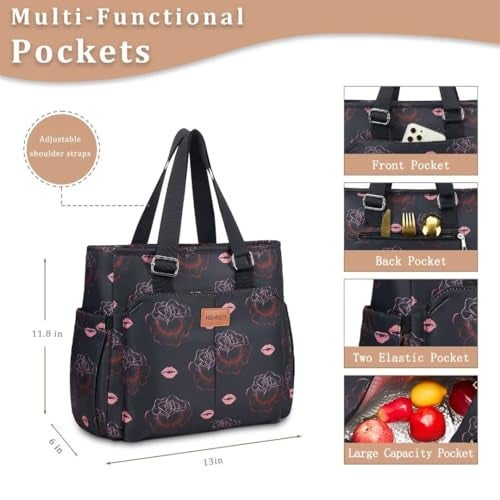 HSHRICH Large Women Lunch Bags for WorkInsulated Adult Lunch Box for WomenLeakproof Cooler Lunch Tote Bag with Storage Pocket Reusable Lunch Cooler Purse for Work Picnic Hiking 14LBlack Rose - Image 3
