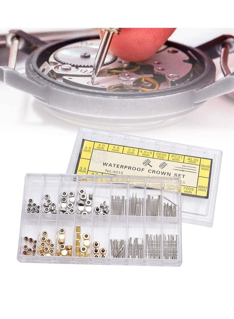 KASTWAVE Watch Crown, Stainless Steel Watch Crown Spring Bar Set Watch Repairing Tool Accessory Watch Repair Kit Watch Stem Extender Crowns Accessory Repairing Replacement Tool Kit with Box - Image 1