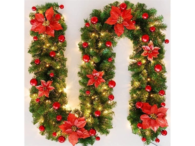 Christmas Wreath 2.7m Red Warm LED Lights - High Quality Plastic Balls Decorative Wreath for Indoor Outdoor Holiday Decor