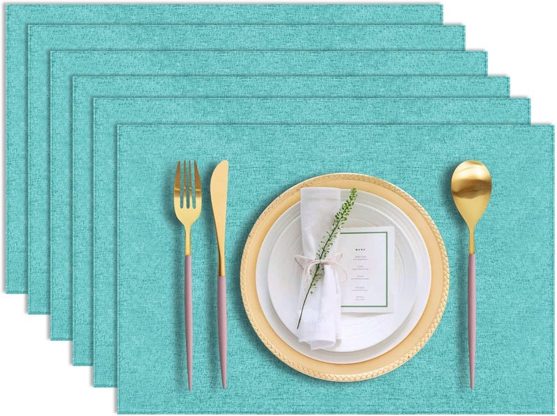 LANDVIEW Most item matching trendy design Cloth Placemats Set of 6, Cotton Linen Blend Machine Washable Durable Linen Table Mats, Heat Resistant Placemats Wrinkle Free Place Mats for Dining Table, Easy to Clean (Teal, 6) Foldable - Image 1