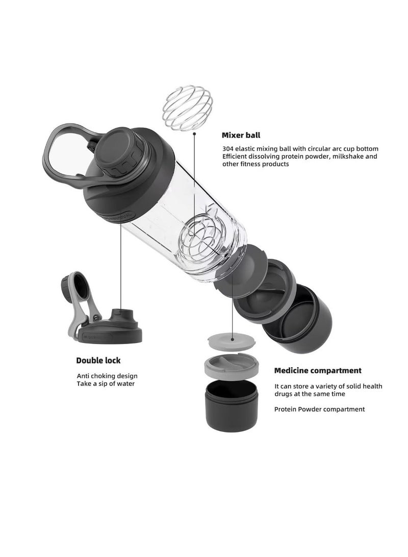 Excefore Protein Shaker Bottle with Powder Storage Container, 21oz Shaker Cups for Protein Shakes with Wire Whisk Balls and Carry Loop,  Leakproof Pre Workout Bottle, Mixer Cup with Tritan BPA Free, Black - Image 2