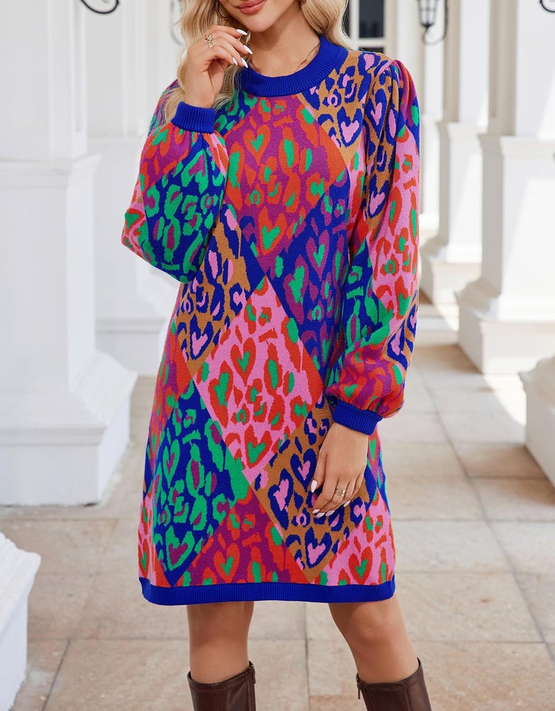 Kedera Mixed Leopard Pop Sweater Dress for Women Colorblock Balloon Sleeve Old Money Knit Sweater Tops - Image 2