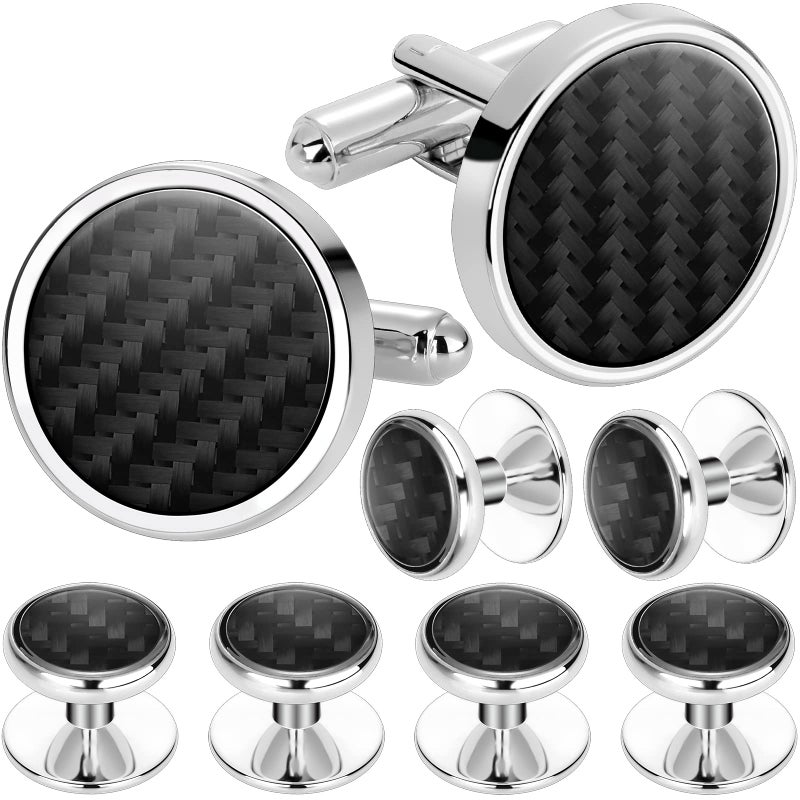 HAWSON Mens Cufflinks and Tuxedo Studs Set in Gift Box (Carbon Fiber), Jewelry or Accessories in Gold Silver Black Tone, Matching with Shirts Vest and Bow tie, Suitable for Birthday Wedding Anniversary - Image 1