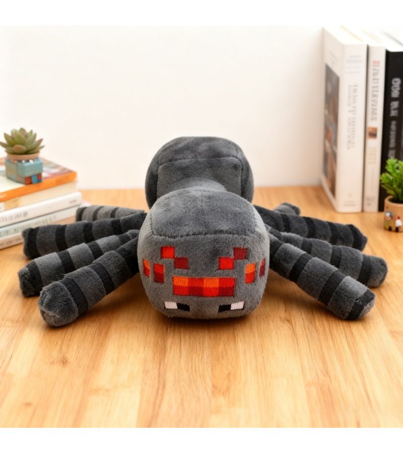 Gray Spider Plush With Pixelated Red Accents And Striped Legs Game Inspired Decor - Image 4