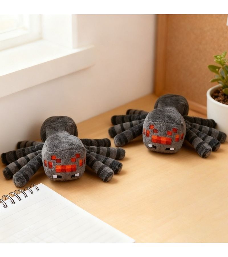 Gray Spider Plush With Pixelated Red Accents And Striped Legs Game Inspired Decor - Image 3